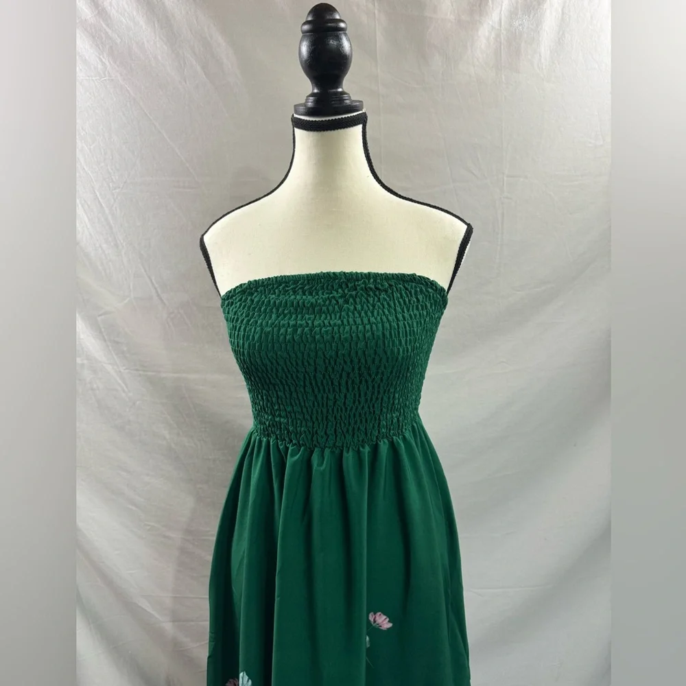 LAST ONE 🔥 Floral Print Strapless Shirred A-Line Dress Green - Picture 6 of 8